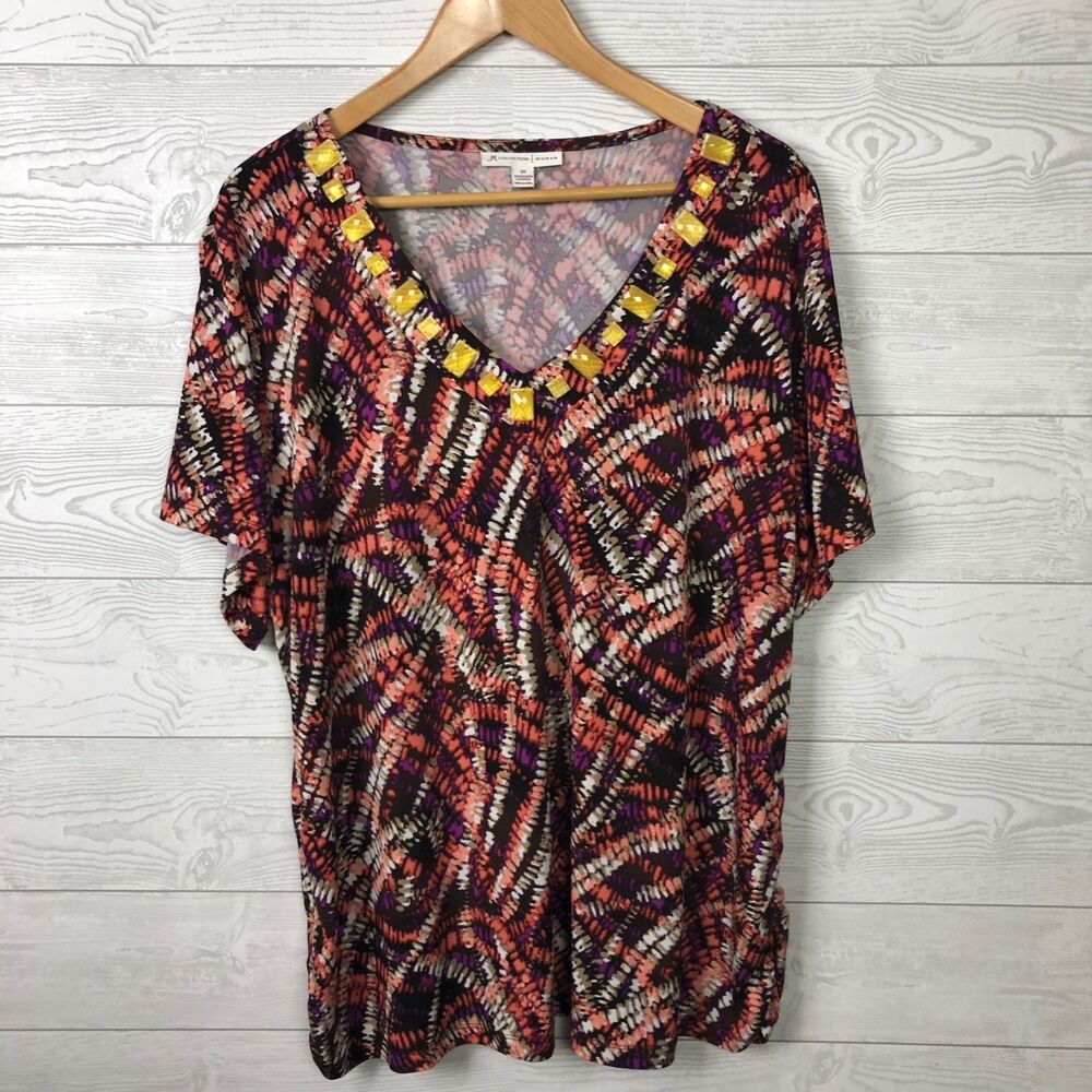 JM Collection Women's 3X Printed Short Sleeve Blouse Embellished V Neck Shirt
